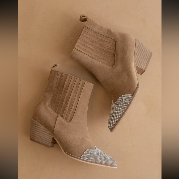 Anthropologie Beige Suede Booties with Metallic Toe - Picture 2 of 4